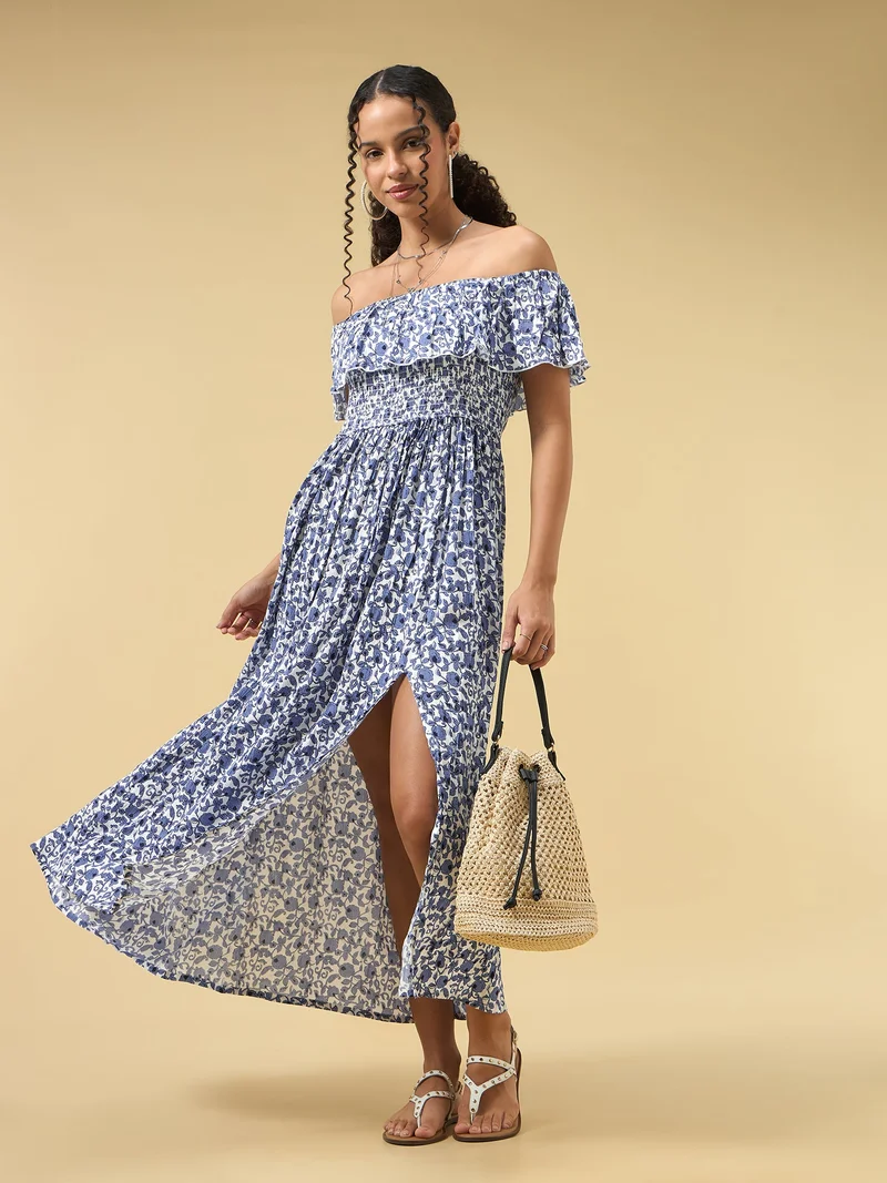 OUTZIDR Blue Off Shoulder High Slit Dress