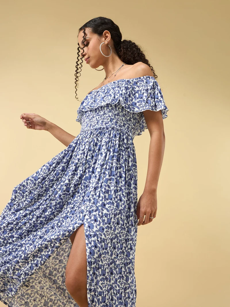 OUTZIDR Blue Off Shoulder High Slit Dress