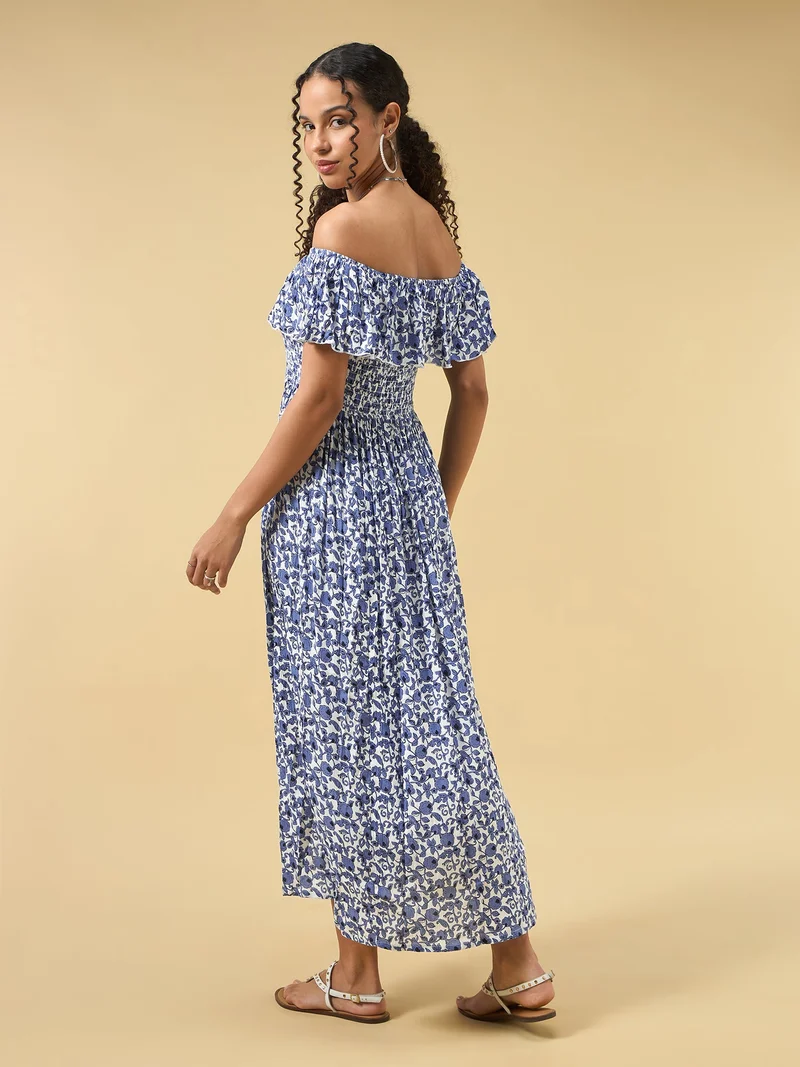 OUTZIDR Blue Off Shoulder High Slit Dress