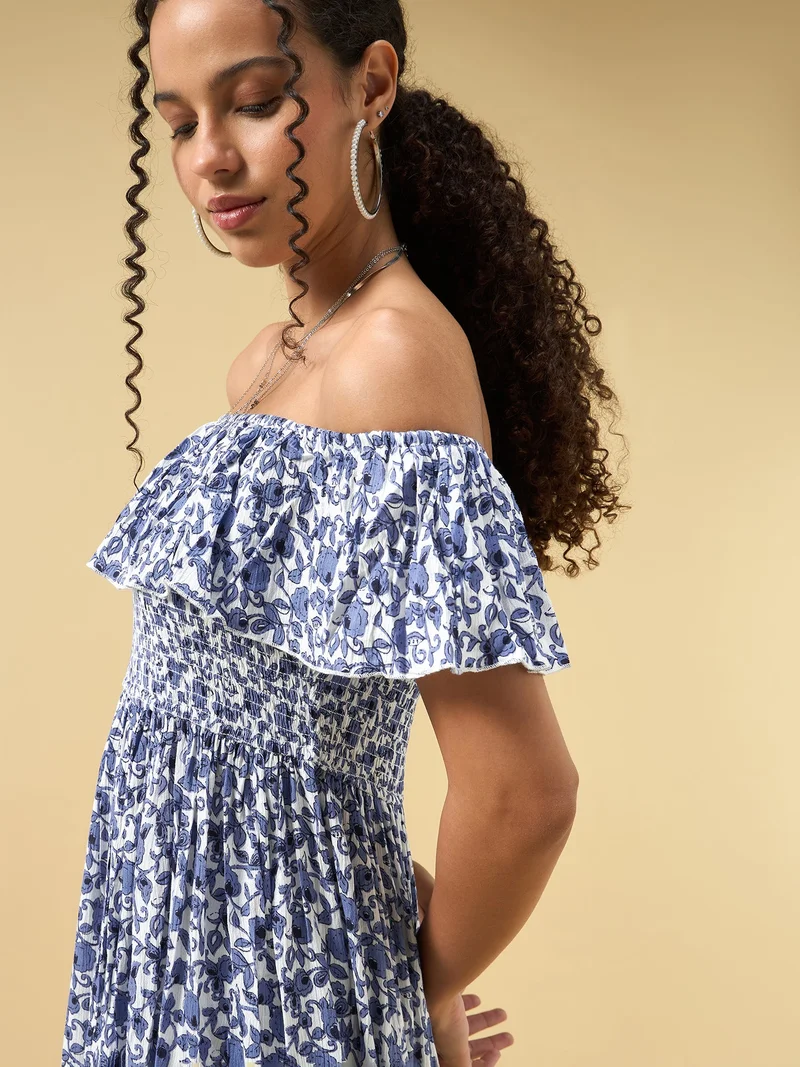 OUTZIDR Blue Off Shoulder High Slit Dress