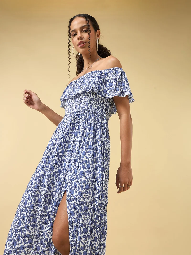 OUTZIDR Blue Off Shoulder High Slit Dress