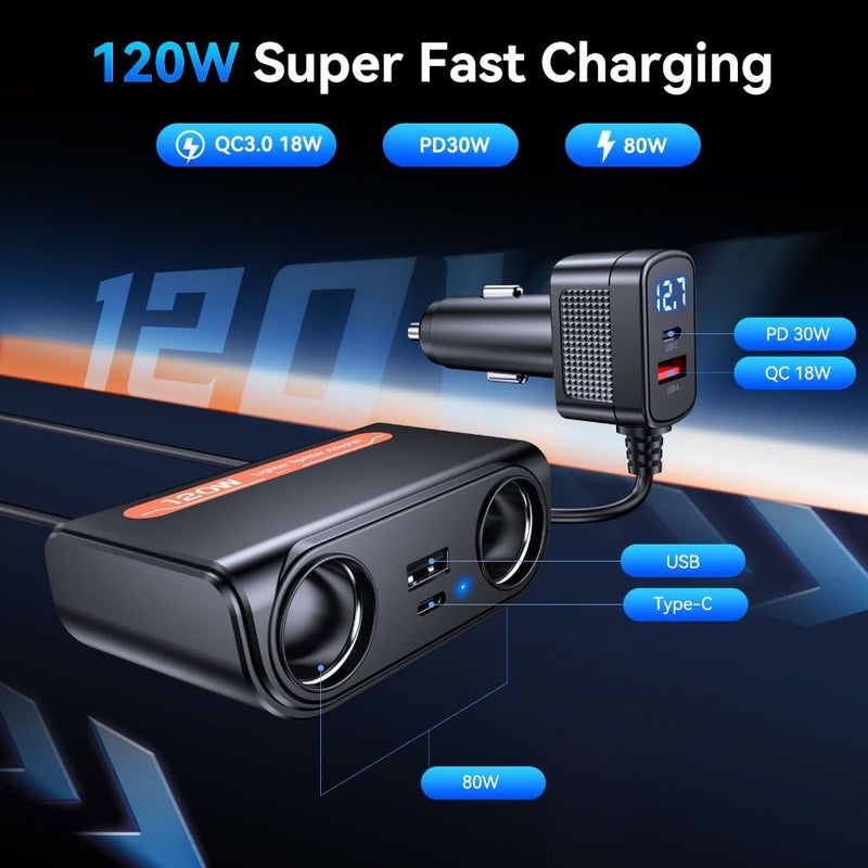 موزع طاقة السيارة 7 في 1 بمنفذ USB مزدوج ونوع C مع شاشة عرض جهد LED موديل TR 37P - Image 2
