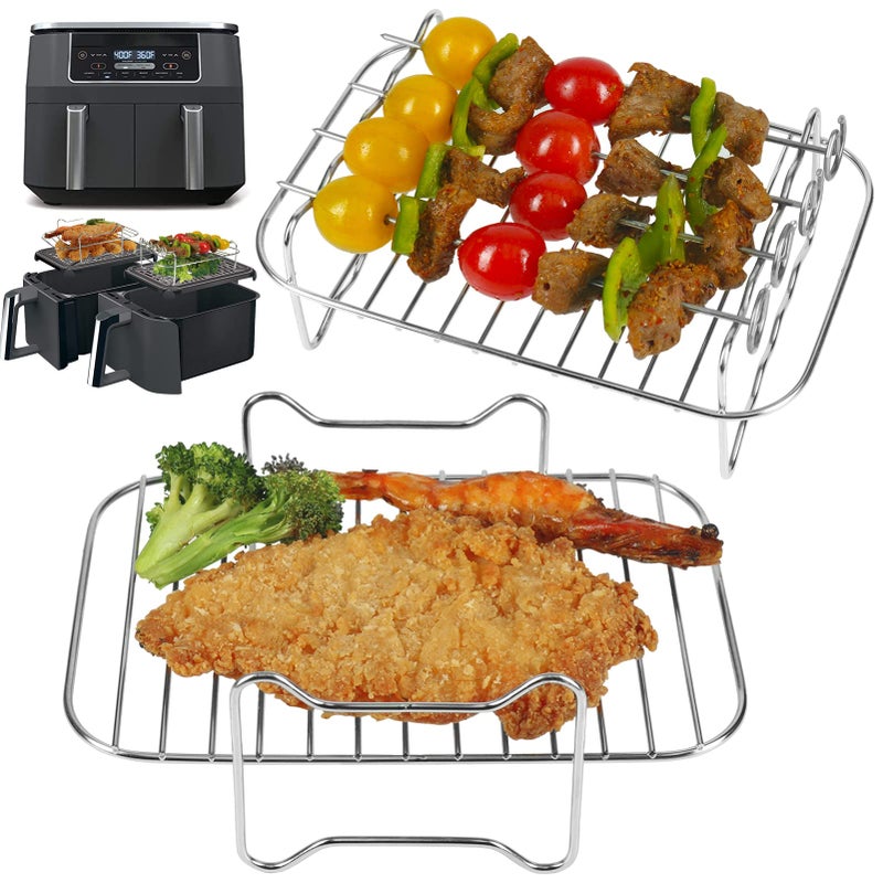 رفوف قلاية الهواء BYKITCHEN لنينجا دوال 2 قطعة رف مجفف مع 4 أسياخ ملحقات قلاية الهواء AF300UK AF400UK رف الشواء لنينجا سالتر إنستانت EMtronics قلاية ذات درج مزدوج