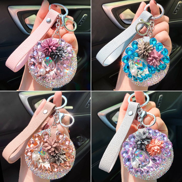 Creative Diamond Small Mirror Keychain Fashion Flower Rhinestone Carry-on Makeup Mirror Car Hanging Bag Pendant Mixed Color Hair