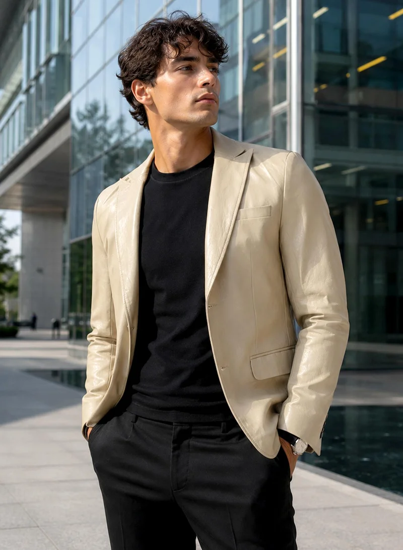 CAHOOT Men's Beige Single Breasted Blazer For Casual Wear | Notch Lapel | Long Sleeve | Button Closure | Polyester Blend Blazer Crafted With Comfort Fit For Everyday Wear