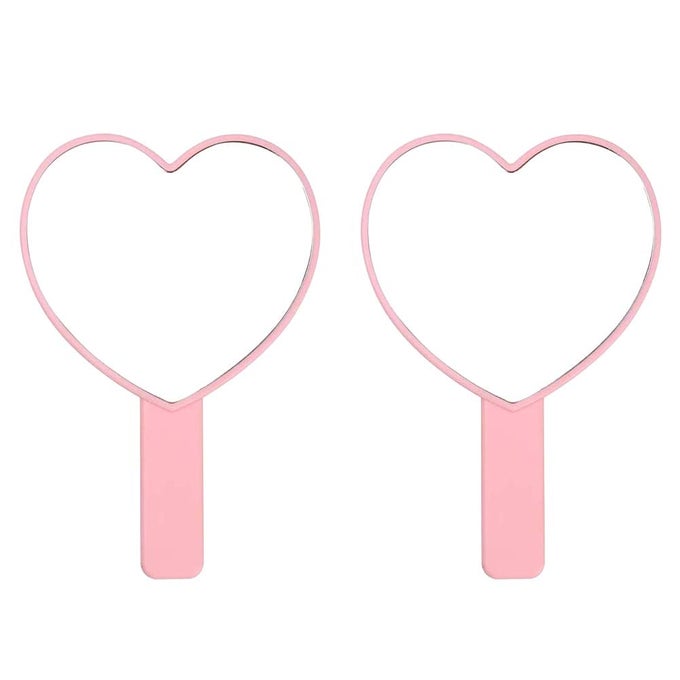 HEARTSHAPED TRAVEL HANDHELD MIRROR COSMETIC HAND MIRROR WITH HANDLE PINK 2 PACK