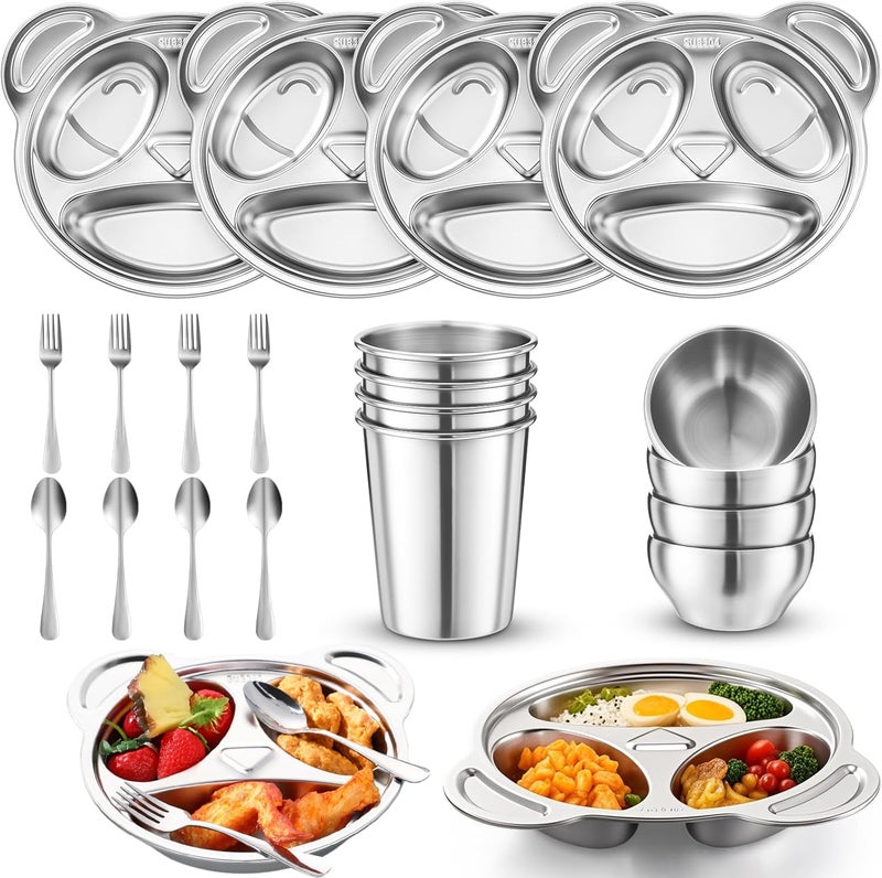 Jinei 20 Pieces Kids Stainless Steel Utensils Set Include 4 Panda Shaped Plates 4 Bowls 4 Cups 4 Spoons and 4 Forks Stainless Steel Dinnerware Set for Toddler Utensils silverware - Image 1