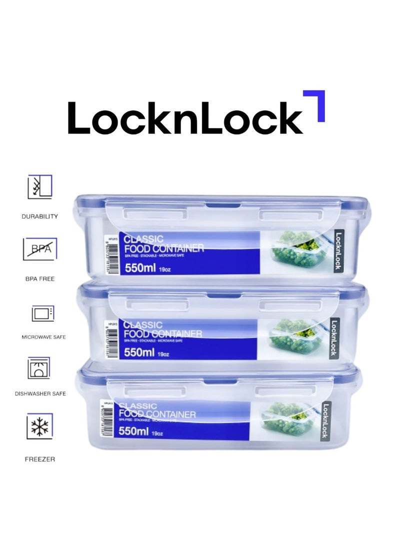 LocknLock 550ml Rectangle  Airtight Food Storage PACK OF 3 - BPA-Free, Microwave, Freezer, and Dishwasher Safe - Image 1