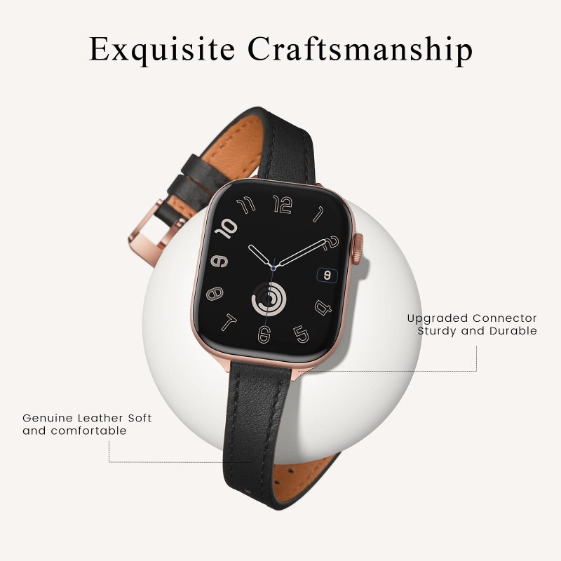STIROLL Slim Leather Bands Compatible with Apple Watch Band 49mm 46mm 45mm 44mm 42mm(Series 3 2 1), Top Grain Leather Watch Thin Wristband for iWatch Ultra SE Series 11 10 9 8 7 6 5 4(Black Rose Gold) - Image 2