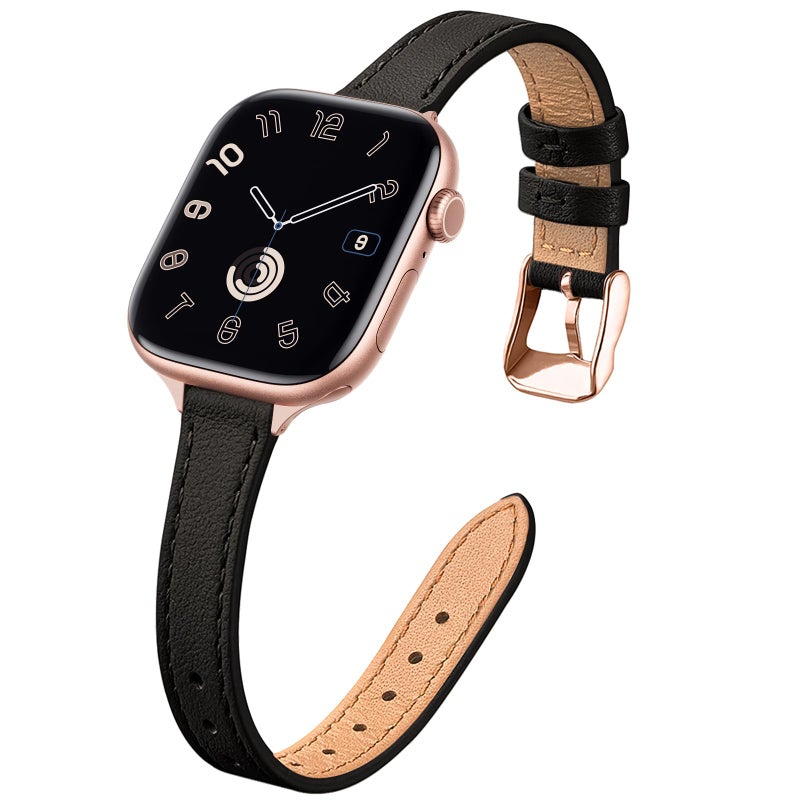 STIROLL Slim Leather Bands Compatible with Apple Watch Band 49mm 46mm 45mm 44mm 42mm(Series 3 2 1), Top Grain Leather Watch Thin Wristband for iWatch Ultra SE Series 11 10 9 8 7 6 5 4(Black Rose Gold) - Image 1