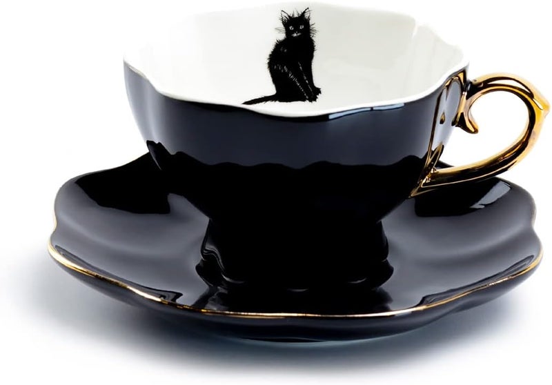 Grace Teaware Black Cat Fine Porcelain Tea Cup and Saucer with Hand Painted Gold Trim Halloween Black White and Gold - Image 1