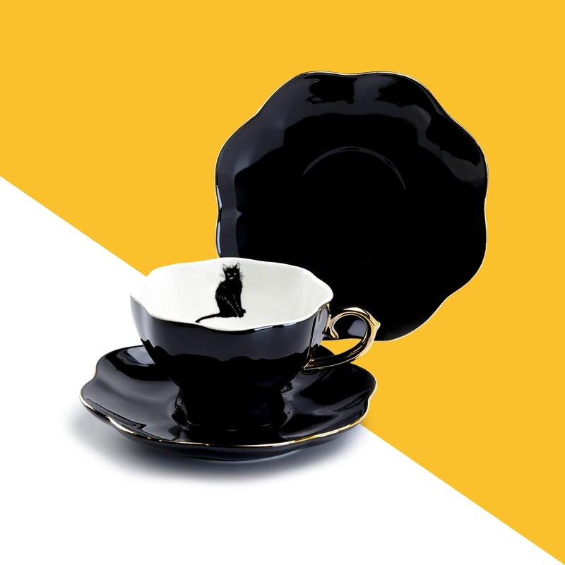 Grace Teaware Black Cat Fine Porcelain Tea Cup and Saucer with Hand Painted Gold Trim Halloween Black White and Gold - Image 2