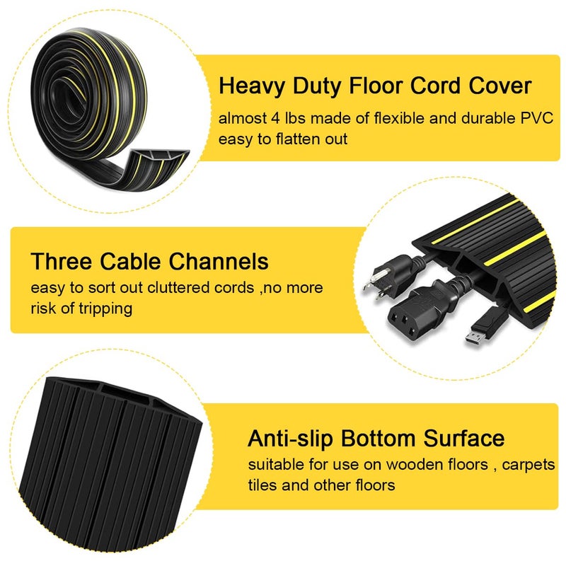 HASTHIP ® 6.56ft Floor Cord Cover Protector Heavy Duty PVC Cuttable Floor Cable Protector 3 Channels Contains Cords Cables and Wires,Waterproof Sealing Strip for Door Cable Cover for Home Office,Black - Image 3