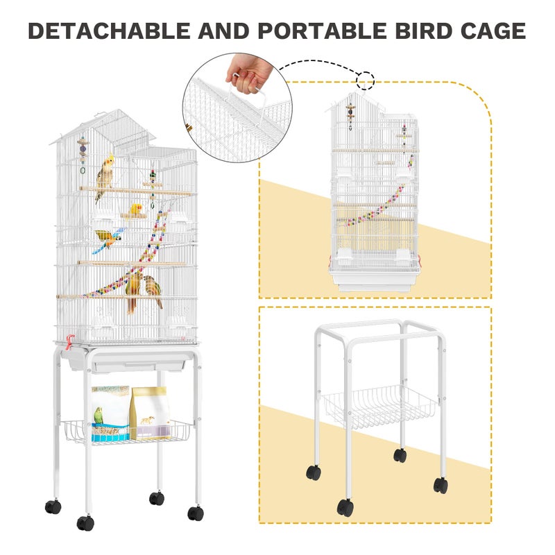 DWVO 62-inch Metal Bird Cage: Spacious Bird Cage for Cockatiels, Parrots, Pigeons, Lovebirds, Features Roof Access and Rolling Stand, White - Image 4