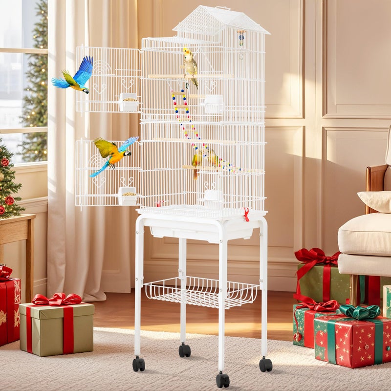 DWVO 62-inch Metal Bird Cage: Spacious Bird Cage for Cockatiels, Parrots, Pigeons, Lovebirds, Features Roof Access and Rolling Stand, White - Image 1