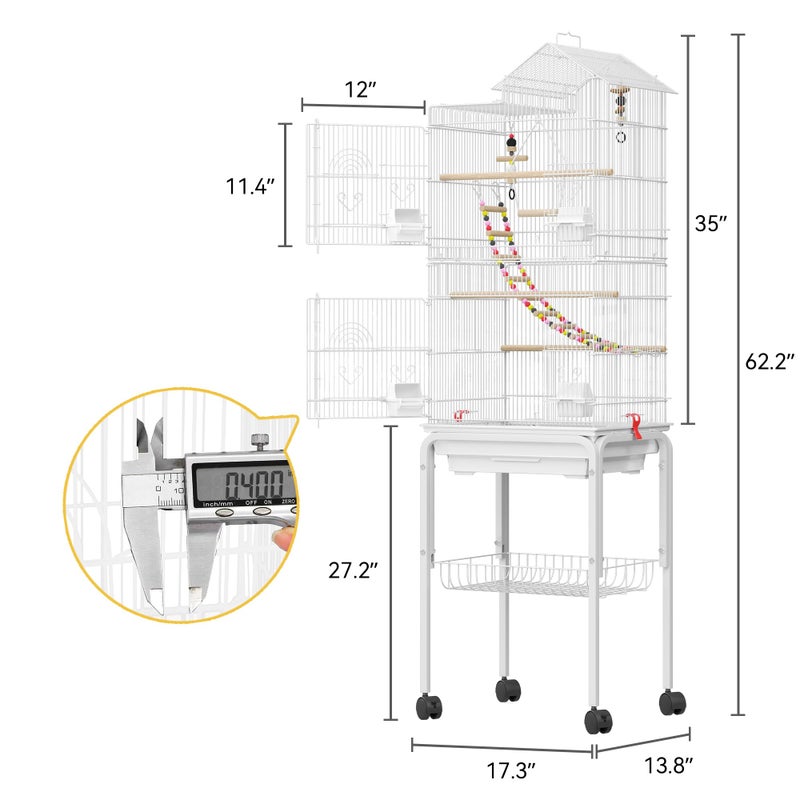 DWVO 62-inch Metal Bird Cage: Spacious Bird Cage for Cockatiels, Parrots, Pigeons, Lovebirds, Features Roof Access and Rolling Stand, White - Image 2