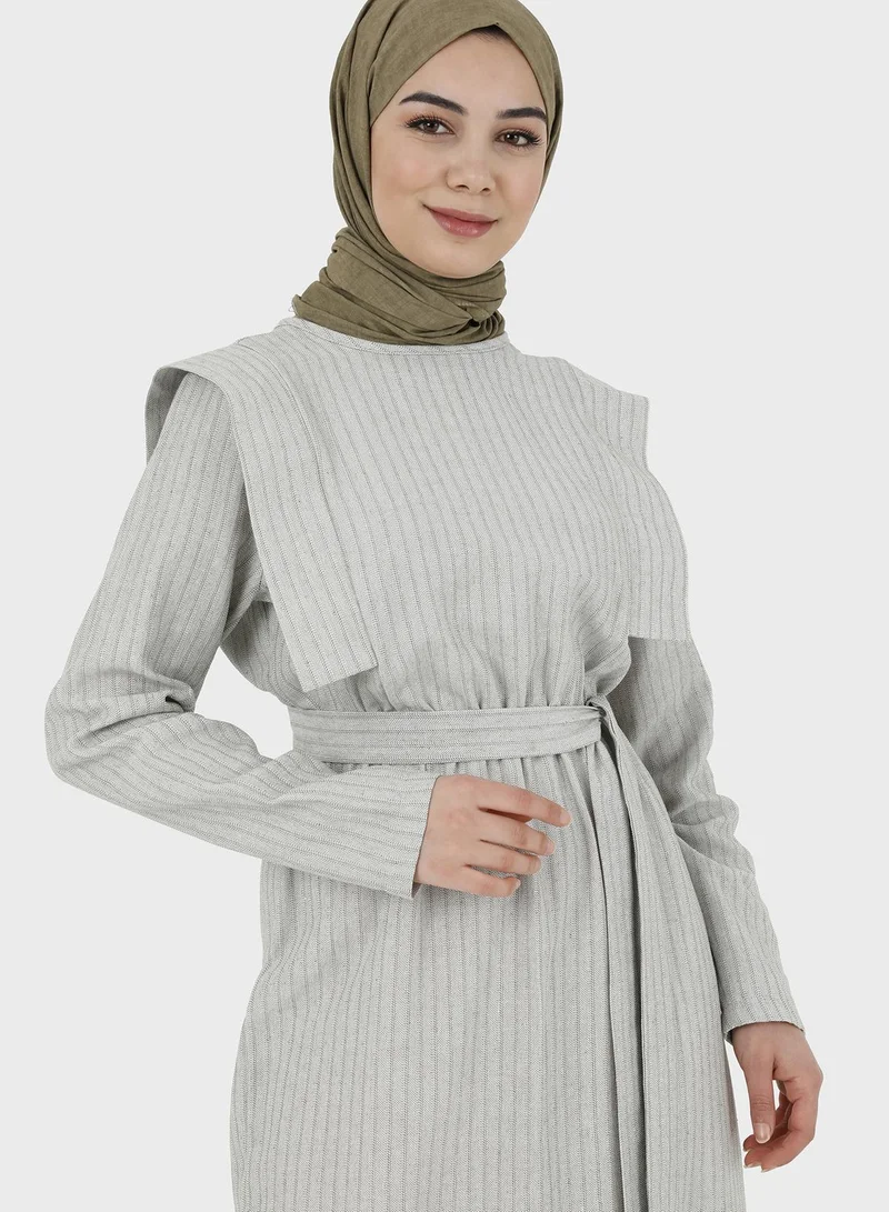 Tavin by Modanisa Striped Belt Detail Dress