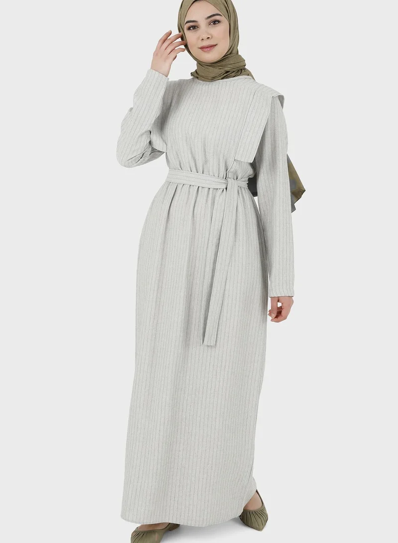 Tavin by Modanisa Striped Belt Detail Dress