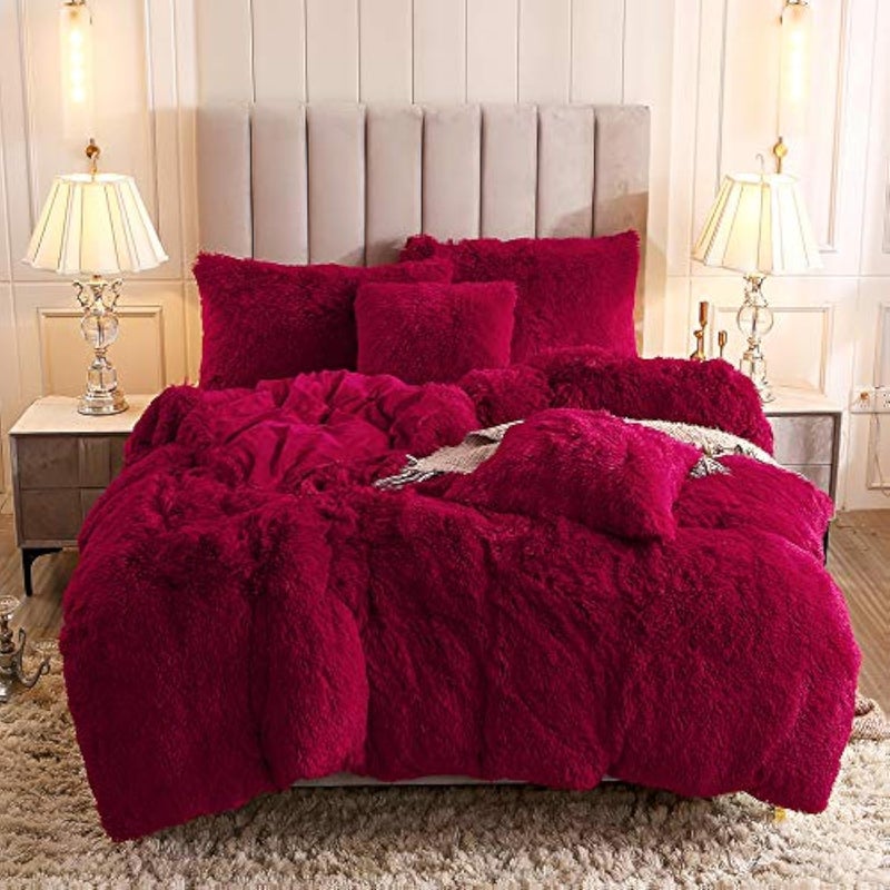 Uhamho Faux Fur Velvet Fluffy Bedding Duvet Cover Set Down Comforter Quilt Cover with Pillow Shams, Ultra Soft Warm and Durable (Burgundy, Twin) - Image 2