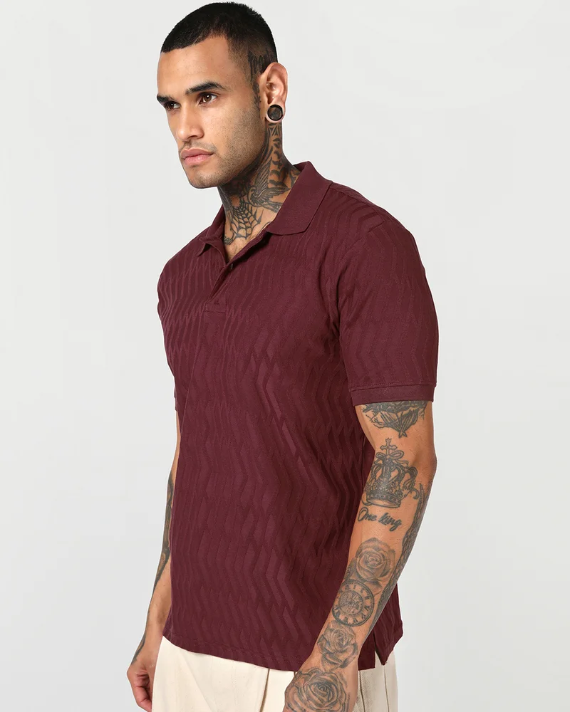 بيواكوف Men's Cordovan Red Textured Polo T-shirt
