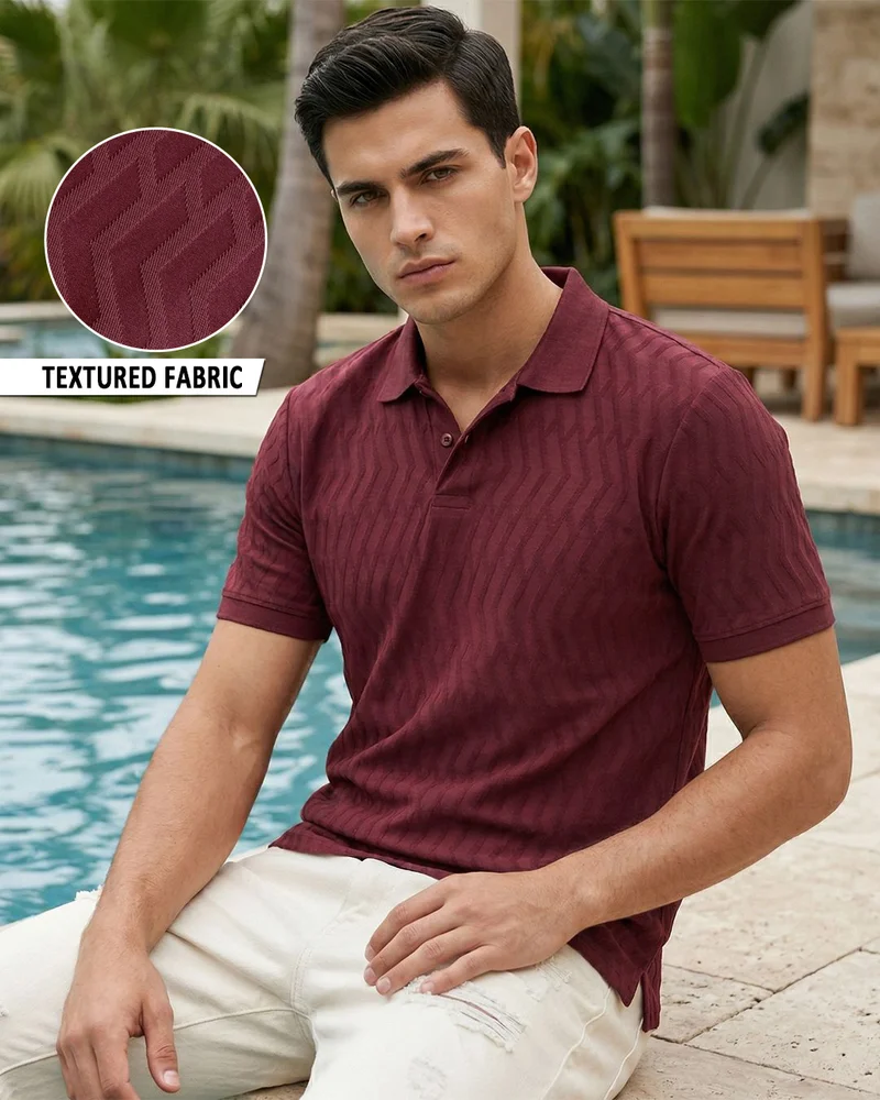 بيواكوف Men's Cordovan Red Textured Polo T-shirt