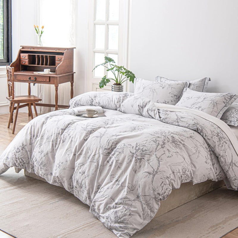 ALEISSEL 100% Natural Cotton 3pcs Floral Duvet Cover Sets-White Duvet Cover with Gray Luxurious Flowers & Branches Pattern,Botanical Comforter Cover Sets with Button Closure(Queen,Botanical - Image 2