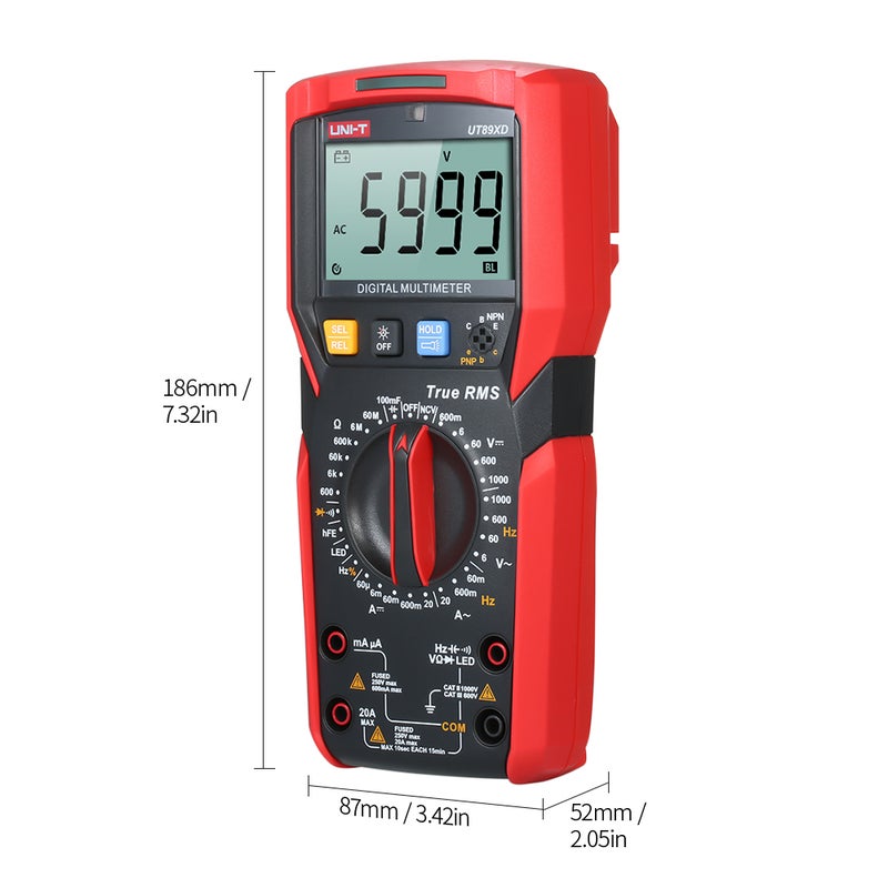 المقياس الرقمي UNI-T UT89XD عالي الدقة المحمول المصغر الشامل 6000 عد عرض شاشة LCD قياس RMS الحقيقي للجهد التيار المتردد/المباشر المقاومة السعة اختبار إضاءة LED التردد مقياس الصمام الثنائي مع - Image 4