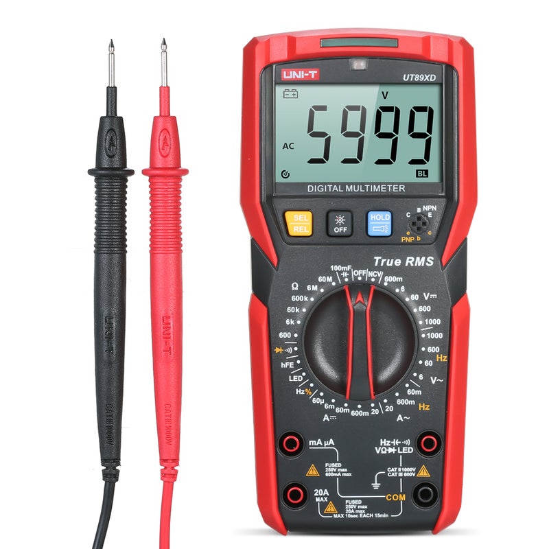 المقياس الرقمي UNI-T UT89XD عالي الدقة المحمول المصغر الشامل 6000 عد عرض شاشة LCD قياس RMS الحقيقي للجهد التيار المتردد/المباشر المقاومة السعة اختبار إضاءة LED التردد مقياس الصمام الثنائي مع - Image 1