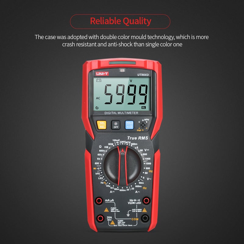 المقياس الرقمي UNI-T UT89XD عالي الدقة المحمول المصغر الشامل 6000 عد عرض شاشة LCD قياس RMS الحقيقي للجهد التيار المتردد/المباشر المقاومة السعة اختبار إضاءة LED التردد مقياس الصمام الثنائي مع - Image 5