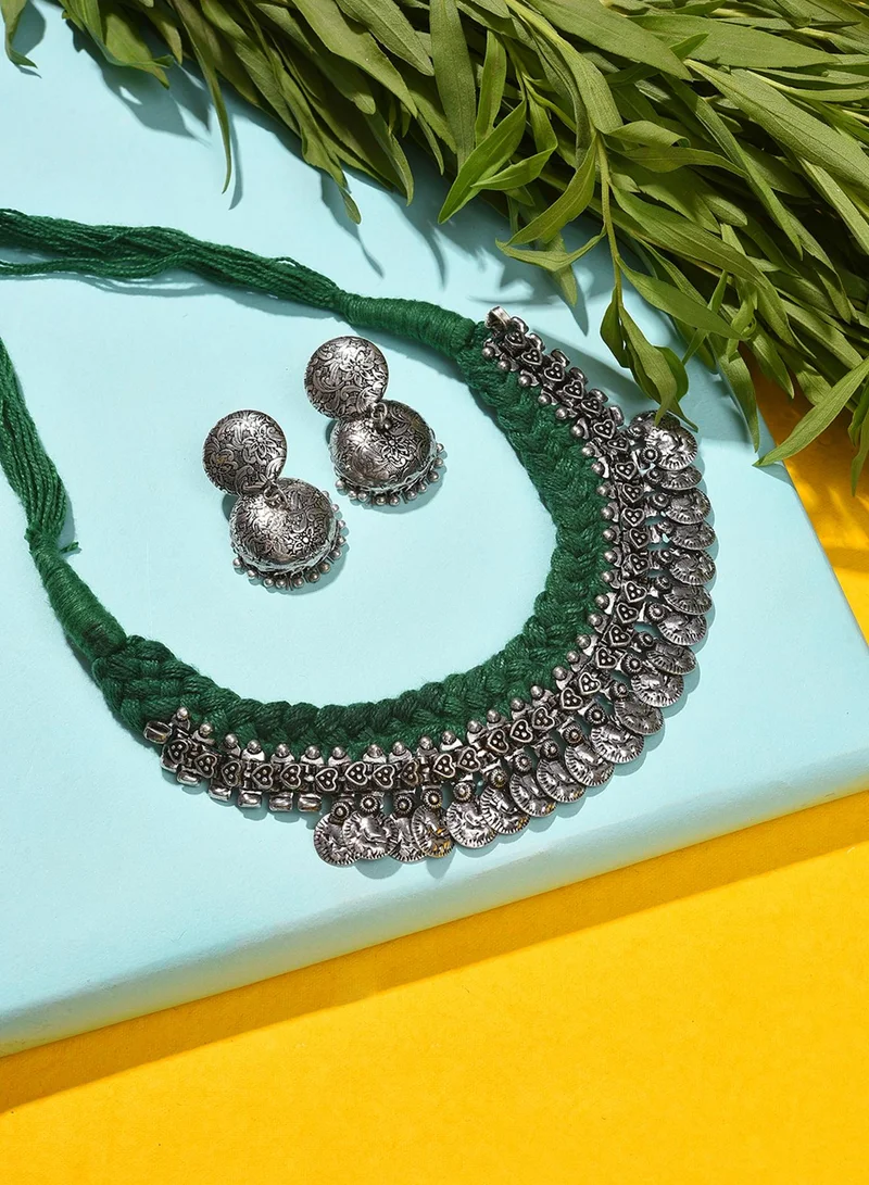 SOHI Women's Green Stone-Studded & Beaded Jewellery Set