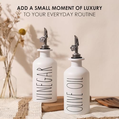 HOMCDALY Premium Olive Oil Dispenser for Kitchen, 11.8oz Glass Oil Bottles with Bamboo Tray, White Oil&Vinegar Cruet Set, Kitchen Dispenser Bottles with Pourer| Set of 2 (11.8oz –P–White) - Image 3