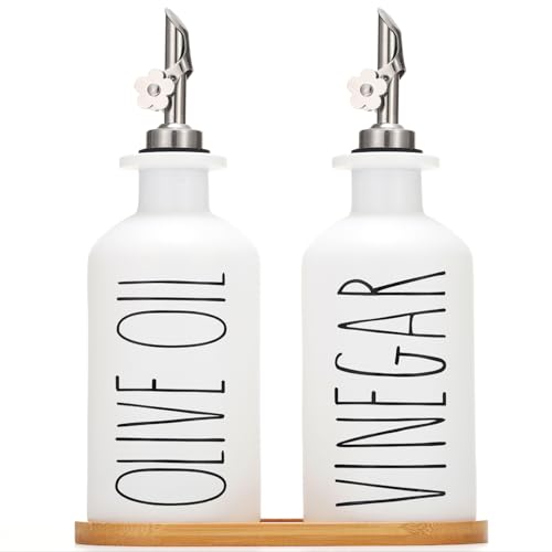 HOMCDALY Premium Olive Oil Dispenser for Kitchen, 11.8oz Glass Oil Bottles with Bamboo Tray, White Oil&Vinegar Cruet Set, Kitchen Dispenser Bottles with Pourer| Set of 2 (11.8oz –P–White) - Image 1