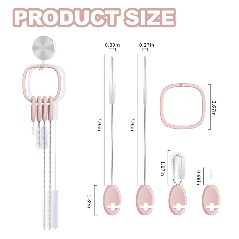 YOTIME Standing Straw Cleaner Brush Set, 4in1 Reusable Straw Brushes with Holder Ring, for Wide and Narrow Straws, Tumblers, Water Bottles and Cups, Pink - Image 2