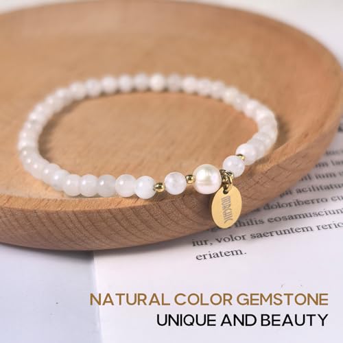 Morchic 4mm Natural Moonstone Gemstone Beads Stretch Bracelet for Women, With Freshwater Pearls, Energy Gem Birthday Gift for Her 7.2” - Image 4