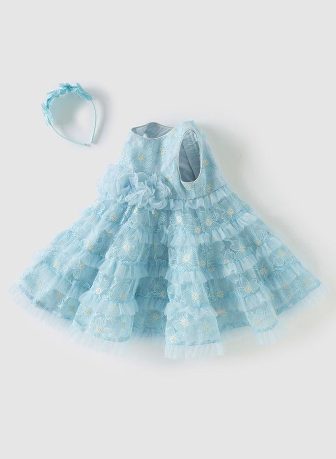 Dave & Bella Girls Floral Layered Tulle Dress with Headband - Image 4