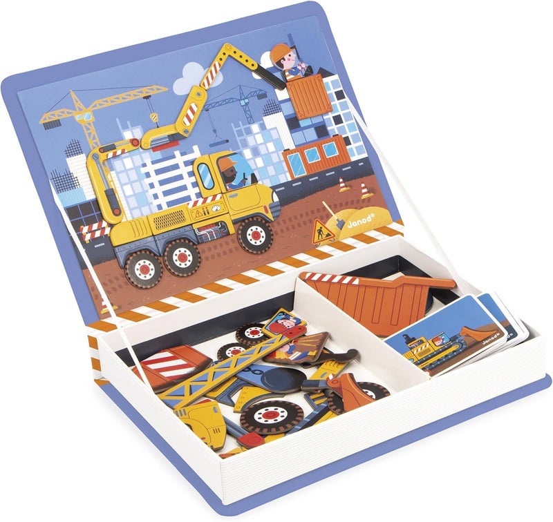 Janod - MagnÃ©ti'Book Construction Site Vehicles - Magnetic Educational Game 50 Magnets + 18 Models - Cardboard Children's Toy - Develops Dexterity and Imagination - from 3 Years Old - J02526 - Image 1