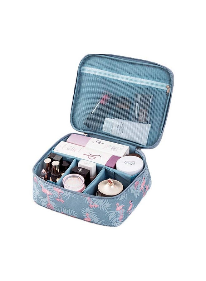 SKYFUN (LABEL) Nylon 17 Cms Travel Foldable Bathroom Makeup Cosmetic Bag Pouch Train Case Kit with Adjustable Dividers Handles-Color-Blue Flamingo - Image 2