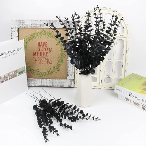 ABAJI Plastic Eucalyptus Black Stems 12 Fake Faux Decorations Artificial Leaves Greenery Plant Leaf Home Office House Table Desk Decor Wedding Party Vase Forever Live - Image 3