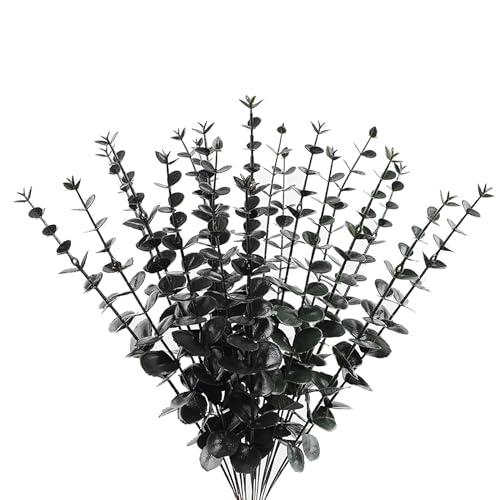 ABAJI Plastic Eucalyptus Black Stems 12 Fake Faux Decorations Artificial Leaves Greenery Plant Leaf Home Office House Table Desk Decor Wedding Party Vase Forever Live - Image 1