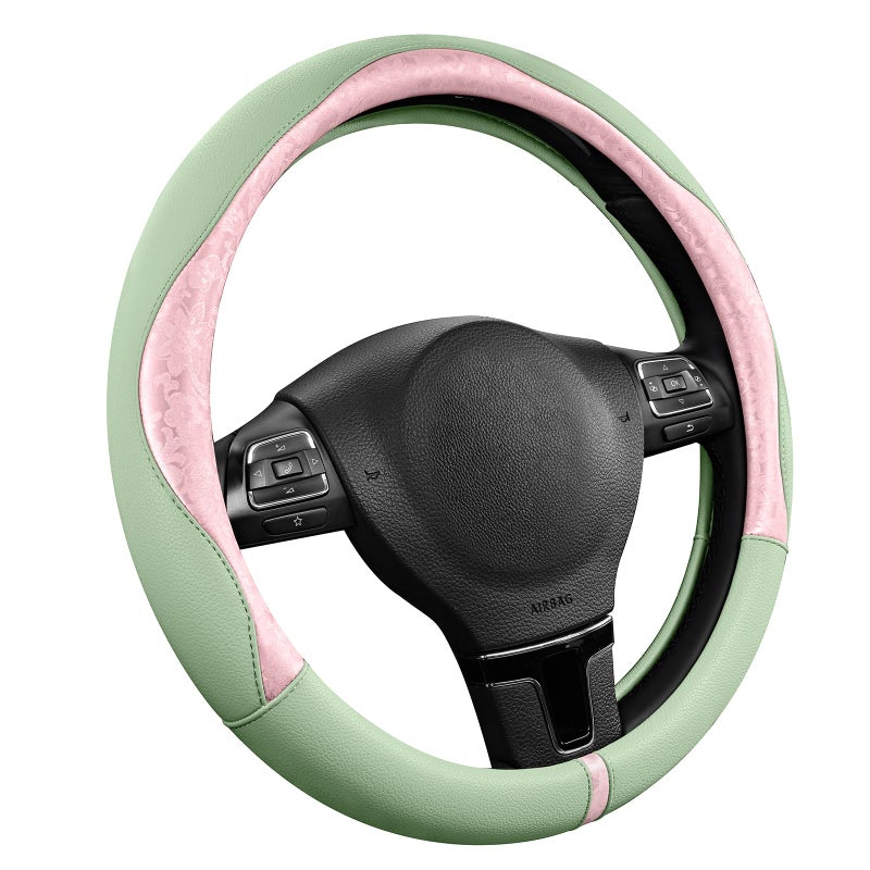 PIC AUTO Steering Wheel Cover, Pink Patterned & Green Leather Patchwork Design, Universal Fit 14.5"â€“15.5", Anti-Slip, Odor-Free, Soft PU Grain Leather, Durable Grip Car Accessory for Girls & Women - Image 1