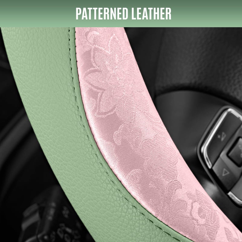 PIC AUTO Steering Wheel Cover, Pink Patterned & Green Leather Patchwork Design, Universal Fit 14.5"â€“15.5", Anti-Slip, Odor-Free, Soft PU Grain Leather, Durable Grip Car Accessory for Girls & Women - Image 3