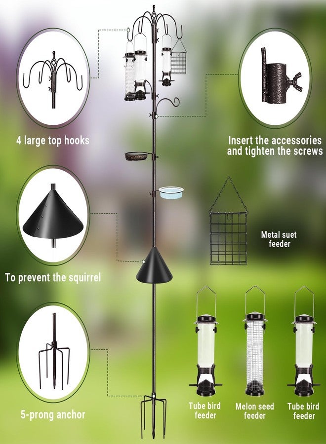 YINGYM 6-Hook Bird Feeding Station Kit Wild Bird Feeder Stand Pole, Multi-Feeder Hanging Kit Stand with Bird Bath, Mesh Tray and Squirrel Guard Baffle, 94 Inch - Image 3