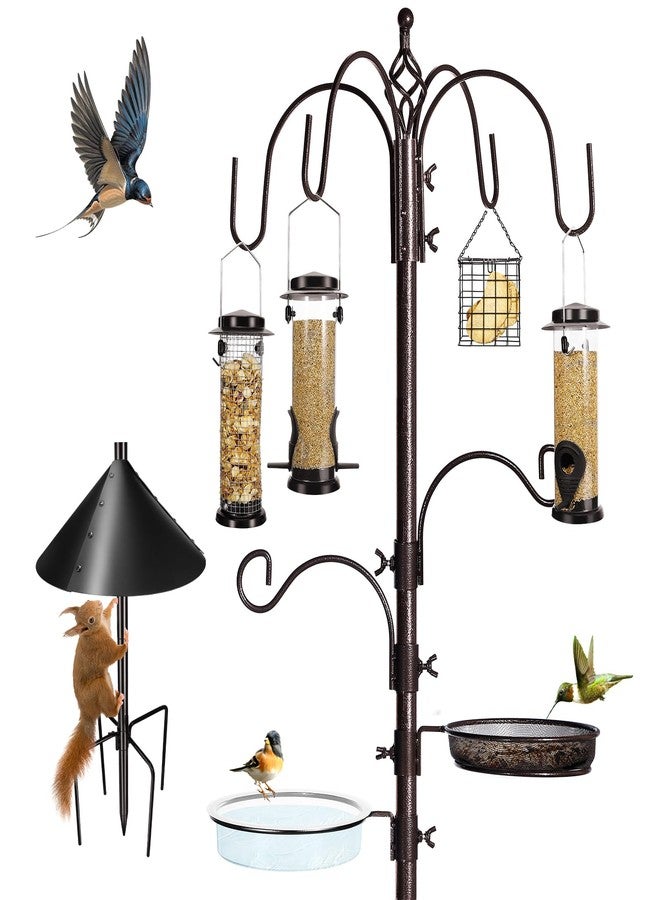 YINGYM 6-Hook Bird Feeding Station Kit Wild Bird Feeder Stand Pole, Multi-Feeder Hanging Kit Stand with Bird Bath, Mesh Tray and Squirrel Guard Baffle, 94 Inch - Image 1
