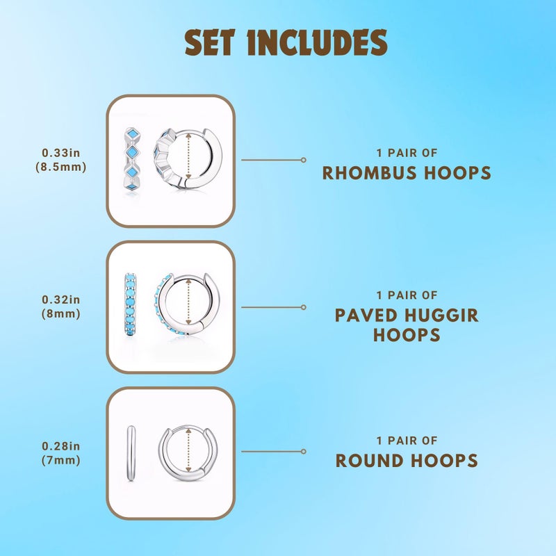 NOKMIT 3 Pairs Mini Hoop Earrings Set for Women Turquoise Huggie Hoop Cute Small Sterling Silver Cartilage Earring Ear Cuff for Multiple Piercing (Turquoise, E) - Image 5