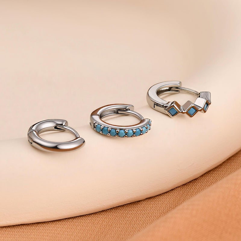 NOKMIT 3 Pairs Mini Hoop Earrings Set for Women Turquoise Huggie Hoop Cute Small Sterling Silver Cartilage Earring Ear Cuff for Multiple Piercing (Turquoise, E) - Image 4