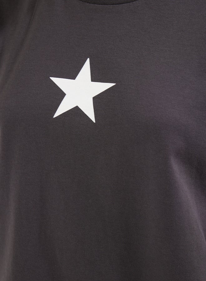 trendyol Anthracite 100% Cotton Star Printed Regular/Normal Pattern Crew Neck Knitted T-Shirt - Image 4