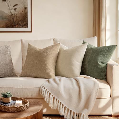 ANRODUO Pack of 2 Decorative Textured Throw Pillow Covers Soft Olive Green Square Accent Solid Chenille Cushion Cover Cozy Farmhouse Pillow Case for Couch Sofa Bed Living Room Summer Decor 18x18 Inch - Image 5