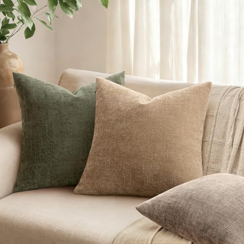 ANRODUO Pack of 2 Decorative Textured Throw Pillow Covers Soft Olive Green Square Accent Solid Chenille Cushion Cover Cozy Farmhouse Pillow Case for Couch Sofa Bed Living Room Summer Decor 18x18 Inch - Image 4