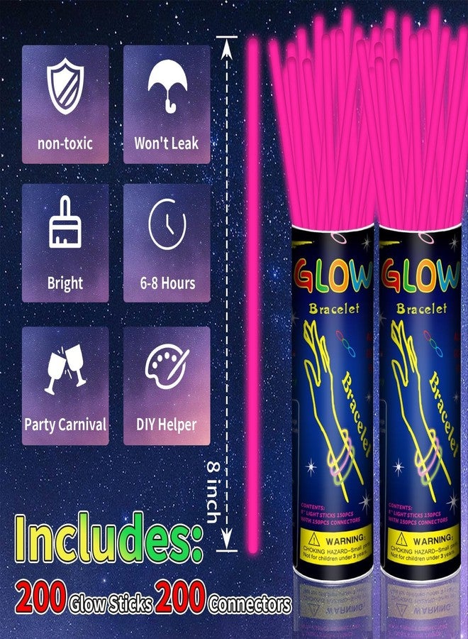Taikula 200 Pack 8'' Glow Sticks Bulk Party Favors Pink Light Up Sticks with Connectors Neon Glow in the Dark Party Supplies Bracelets for Holiday Birthday Party Decoration(Pink) - Image 2