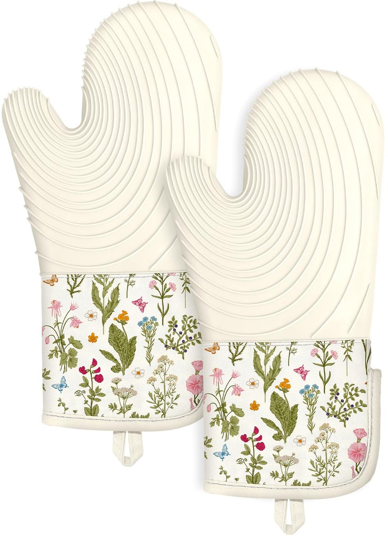 Slohif Long Silicone Oven Mitts Heat Resistant for Women - 2 Pcs Beige Floral 100% Cotton Oven Gloves, Non-Slip and Waterproof Silicone Oven Mitts with Hanger for Baking and Cooking - Image 1